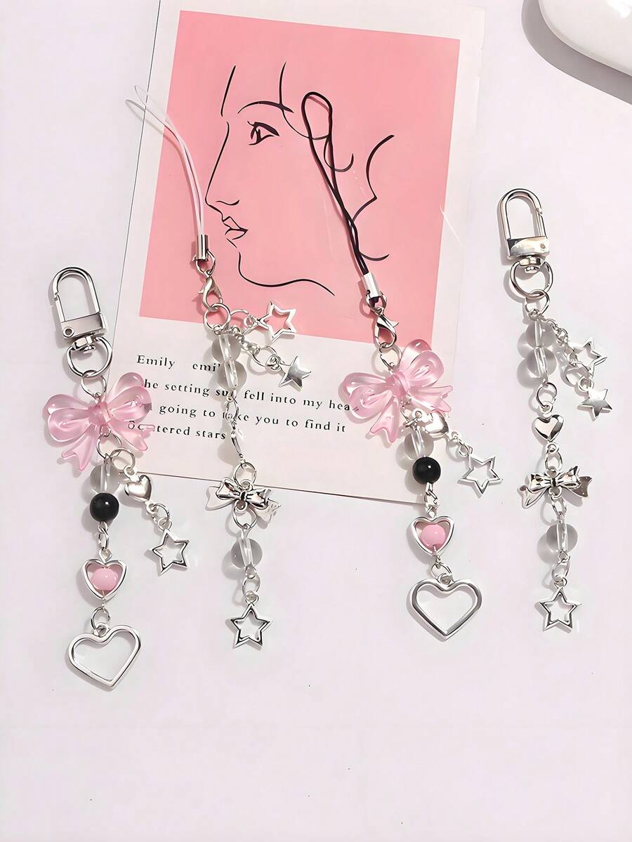 1件装女士Y2K风格可爱蝴蝶结钥匙扣吊坠，创意手机短链心形五角星装饰配件，可作包包装饰、汽车配件、包包挂饰、学院风哥特圣诞包包挂饰、汽车配件、教师朋友姐妹礼物创意 - 彩色 - 查看 1