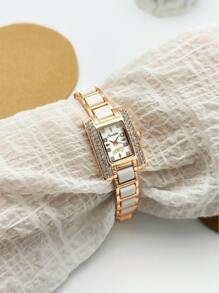 SUNLIFEX 1pc Square, Embellished With Diamonds, Exquisite, Fashionable, Elegant, Rose Gold, Women's Quartz Watch, Minimalist, High Quality, Gift For Women.