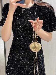 设计师珍珠链女士斜挎包金属外壳迷你单肩包钱包包 - 香檳色 - 查看 2