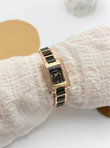 SUNLIFEX 1pc Square, Embellished With Diamonds, Exquisite, Fashionable, Elegant, Rose Gold, Women's Quartz Watch, Minimalist, High Quality, Gift For Women.