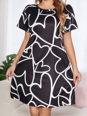 卡通心形可爱休闲-年轻休闲针织面料短袖中长连衣裙睡衣