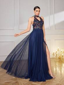 UNITHORSE 女士优雅V领无袖性感露背亮片撞色网纱高开衩鸡尾酒裙 - 藏蓝色 - 查看 6