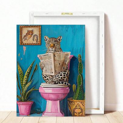 1pc Vibrant Leopard Print Canvas Art Print For Reading Newspaper-Unique Retro Style Bathroom Wall Decoration With Inner Frame Hanging Design, Which Is Very Suitable For Home Office, Living Room, Bedroom And Dining Room, Adding A Whimsical Feeling To Any Space.