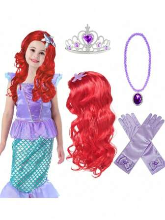 Set princesa sirena de 5 piezas, peluca roja, peluca de sirena, collar colgante, corona de princesa, set de disfraz de juego, es un set de regalo de princesa muy adecuado para buenas amigas, muy adecuado para vestirse, combinar a diario, Pascua, Halloween, fiesta de cumpleaños, regalos de Navidad, Acción de Gracias, vestido de vacaciones.