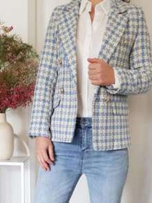 Women's Tweed Plaid Blazer,Casual Elegant Plaid Buttons On The Front Button. - 藍色 - 查看 1