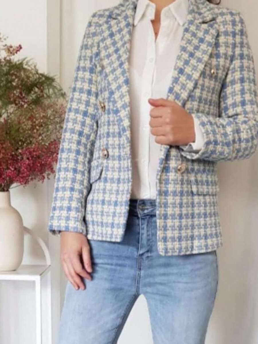 Women's Tweed Plaid Blazer,Casual Elegant Plaid Buttons On The Front Button. - 藍色 - 查看 1
