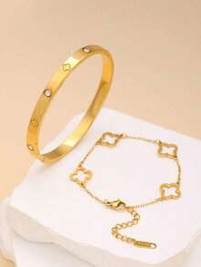 Brazaletes de acero inoxidable abiertos enchapados en oro de 18k, con circonita cúbica de lujo y coloridos, impermeables y de moda para mujer - Conjunto de dos piezas - Ver 2