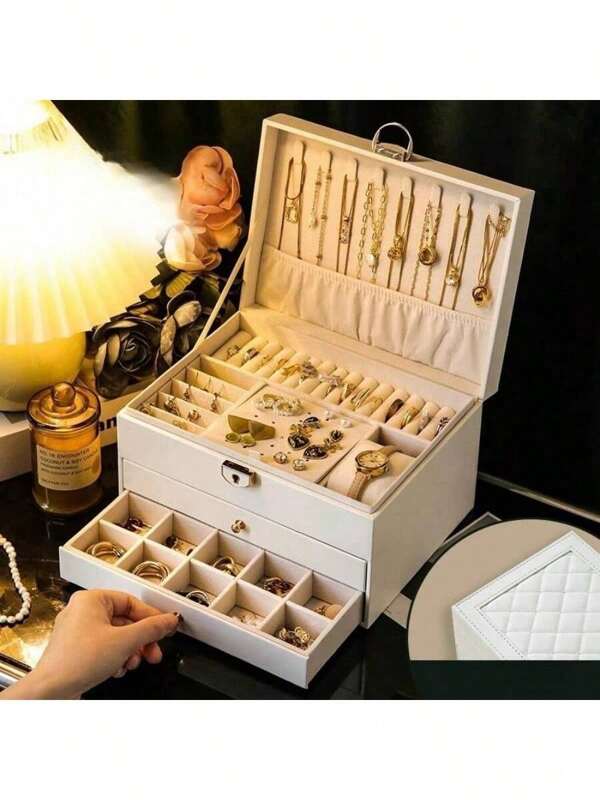 1pc White Luxury Rhombus Pattern 3-Drawer Jewelry Box - Perfect For Necklaces, Rings, Earrings, Watches And Bracelets - Ideal Gift For Women, Girls And Mothers, Jewelry Box