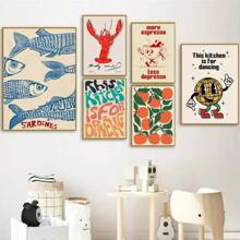 Stampa su tela, decorazione moderna per ristorante, arte di cucina astratta con aragosta, pesce arancione, caffè, opzionale con cornice