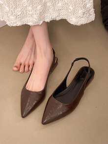 Women Flat Pointed Toe Slingback Brown Mules, Solid Color Fashion Versatile Low Heel Backless Slippers - Brown - View 3