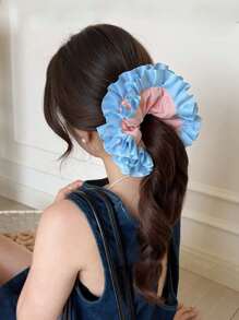 chouchou en tissu à pompons élégant et à la mode, chouchou bohème bleu et rose froncé, grand accessoire floral pour cheveux pour femme, double volant, idéal pour les cheveux épais, pour le quotidien, les vacances et les rendez-vous galants.