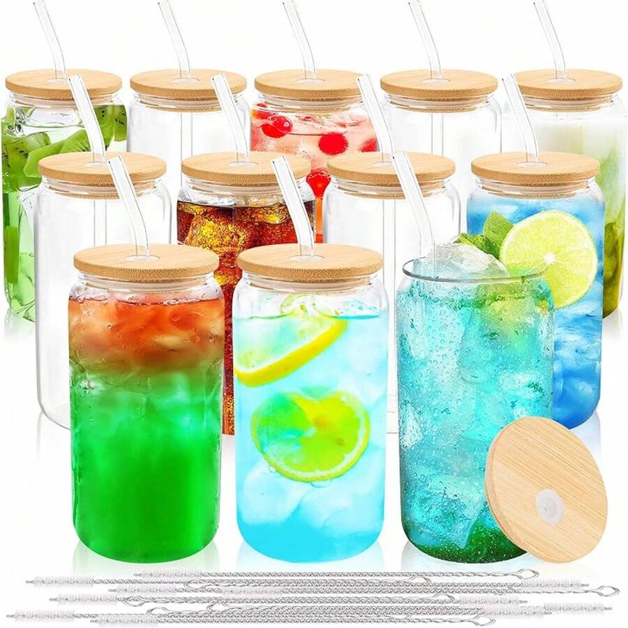 Cups With Lids And Straws 8 Set 16 Oz Reusable Iced Coffee Cup Beer Can Drinking Jars Smoothie Whiskey Boba Soda Tea-Cll - 12 - View 1