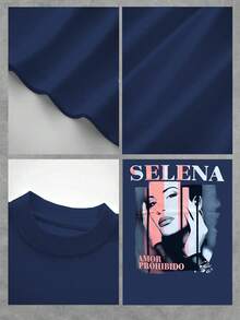 100% Cotton Graphic T-Shirt Tribute Selena Fashion And Casual Tops - Blue - View 4