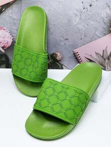 Novos chinelos femininos da moda, sola de borracha antiderrapante, cabedal em PVC preto, confortáveis para uso interno, banheiro, chuveiro, respiráveis para deslocamentos e caminhadas ao ar livre, com absorção de choque - Verde - Ver 5