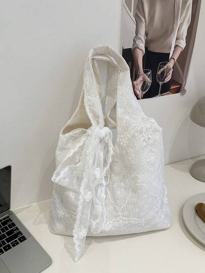 韩版清新蕾丝花卉帆布包，女士新款大容量单肩手提包，通勤腋下包