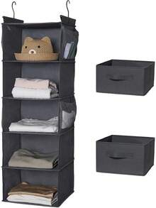 Organizador colgante de armario con 5 estantes Houser, ahorrador de espacio, estantes colgantes de tela con 4 bolsillos laterales, plegable, color negro - Gris - Ver 4