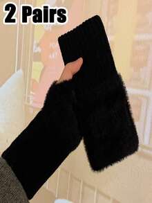 1/2 Pairs Women Fuzzy Solid Color Fingerless Gloves, Warm & Stretchy Knitted Wrist Mittens, Suitable For Autumn/Winter, Office, School, Writing - Multicolor - View 18
