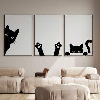3PCS Bedroom Posters Living Room Wall Arts Decoration Canvas Painting Black Cat Interior Paintings Cute Animals Home Decor Optional Frame ,Wall Art With Frame