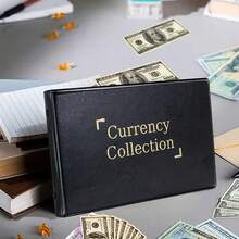 Ein Währungssammelalbum mit 40 Fächern, ein Bargeldeinzahlungsbuch, ein Einzahlungsordner, ein Kassenbuch, ein Notizblock und ein Sparbuch, entworfen für Sammler zur Verwaltung von Bargeld und Banknoten, Sparplan, 14-tägiger Sparplan, 10.000 Euro Sparplan, Sparprogramm - Schwarz - Übersicht 10