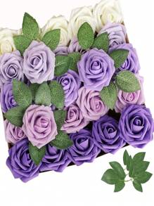 25pcs Purple Artificial Rose Flowers Set With 2pcs Leaves, Realistic Roses On Stems, For DIY Wedding Bouquet, Party, Home Decor