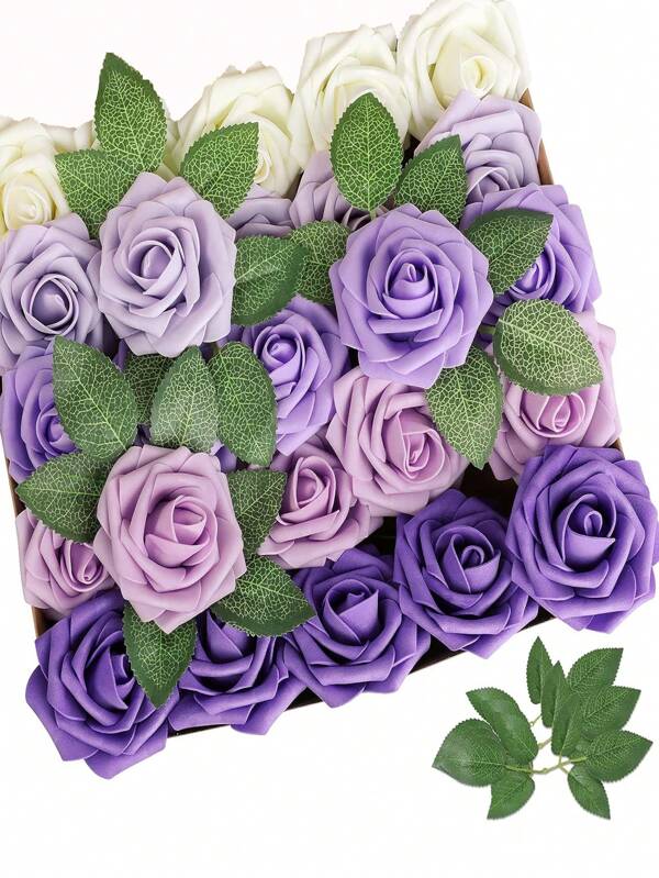 25pcs Purple Artificial Rose Flowers Set With 2pcs Leaves, Realistic Roses On Stems, For DIY Wedding Bouquet, Party, Home Decor