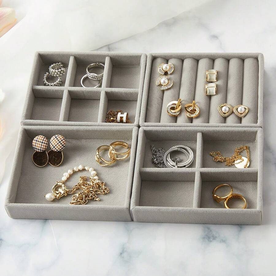 1pc Small Velvet Jewelry Box, Stackable Portable Organizer Tray For Rings, Earrings, Necklaces - Grey - View 1