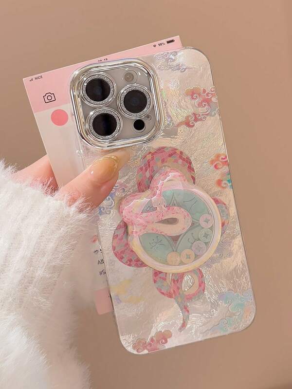 Silver Perfed Powder Blue Snake Metal Phone Holder Stand Fit Compatible With Apple 14, 13, 12, 16 Pro Max, Decorative Painted Phone Case