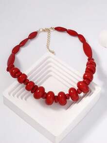 1 pieza Collar de cuentas de coral rojo de poliresina, de moda y creativo, versátil para resort, playa, uso diario, fiesta, joyería para mujer - Rojo - Ver 11