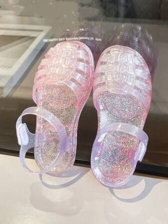 女童闪光果冻公主平底凉鞋，休闲拼色露趾透气沙滩鞋，夏季