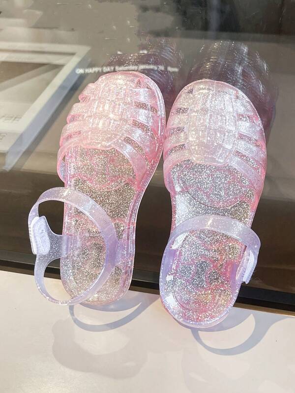 Sandales plates de princesse à paillettes en gelée pour filles, chaussures de plage blocs de couleurs ouvertes respirantes et décontractées, été