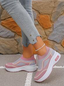 1 Pair Women Breathable Mesh Platform Wedge Sneakers With Non-Slip Sole, Comfortable Slip-On Casual Shoes