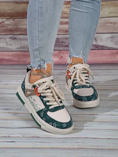Women Simple Stylish Lace-Up Comfortable Outdoor Flat Sole Casual Sneakers, Versatile Daily Wear, Student Leisure Sport Shoes