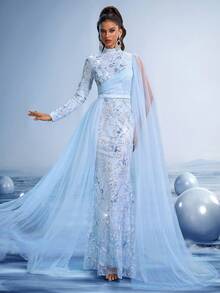 天蓝色水晶刺绣晚礼服，配以透视披肩和飘逸袖子——奢华舞会礼服、红毯婚礼宾客礼服、自然灵感雪纺优雅礼服，饰以串珠细节、白色连衣裙、新年优雅派对礼服、优雅长款毕业礼服、闪亮春季礼服 - 藍色 - 查看 10