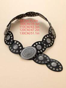 1 件黑色蛇皮纹 PU 椭圆形扣时尚腰带，金属椭圆，波西米亚风格，适合秋季、秋季、万圣节日常穿着 - 黑色 - 查看 4