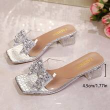 New Summer Sexy Crystal Rhinestone Pearl Bow Glitters Comfy High Heel Slip On Slippers, Fashion Transparent Elegant Crystal Thick Heel Open Toe Versatile High Heel Sandals For Dresses - Silver - View 6
