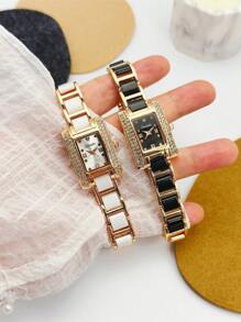 SUNLIFEX 1pc Square, Embellished With Diamonds, Exquisite, Fashionable, Elegant, Rose Gold, Women's Quartz Watch, Minimalist, High Quality, Gift For Women.