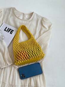 1 pieza Bolsa de malla de poliéster con base de punto de unicolor, ligera, espaciosa, diseño lindo y elegante, adecuada para mujeres, estudiantes, maestros como regalo, uso diario, viajes, todo el año - Amarillo - Ver 3