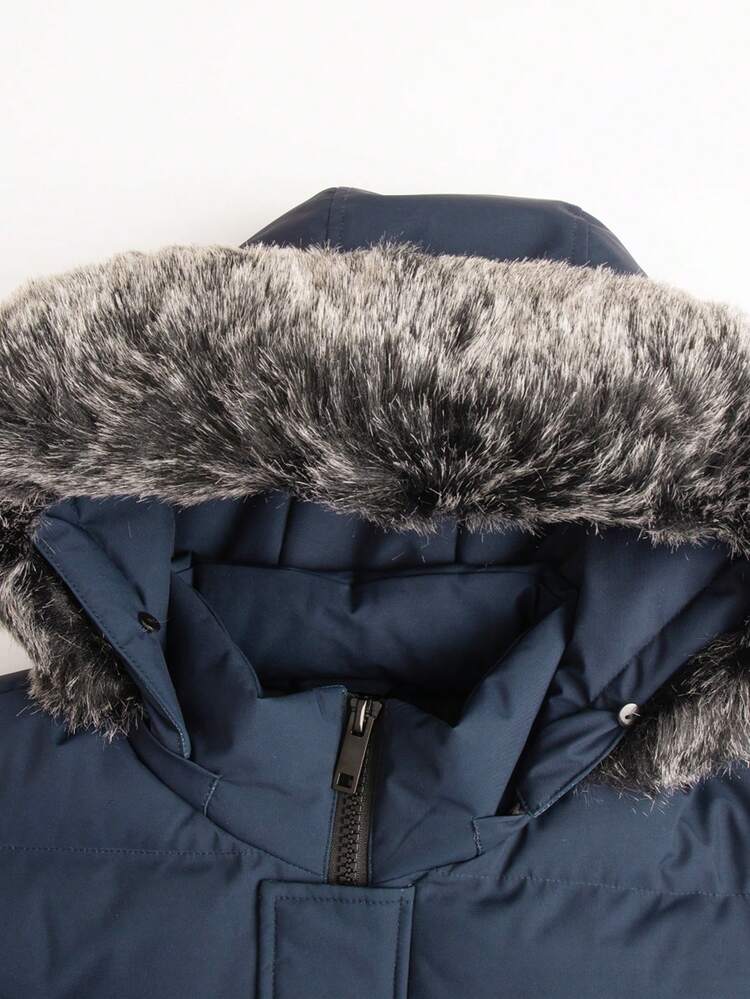 男士冬季连帽中长款棉服夹克，可拆卸风帽，加厚纯色时尚新款休闲保暖内衬外套 - 藏蓝色 - 查看 4