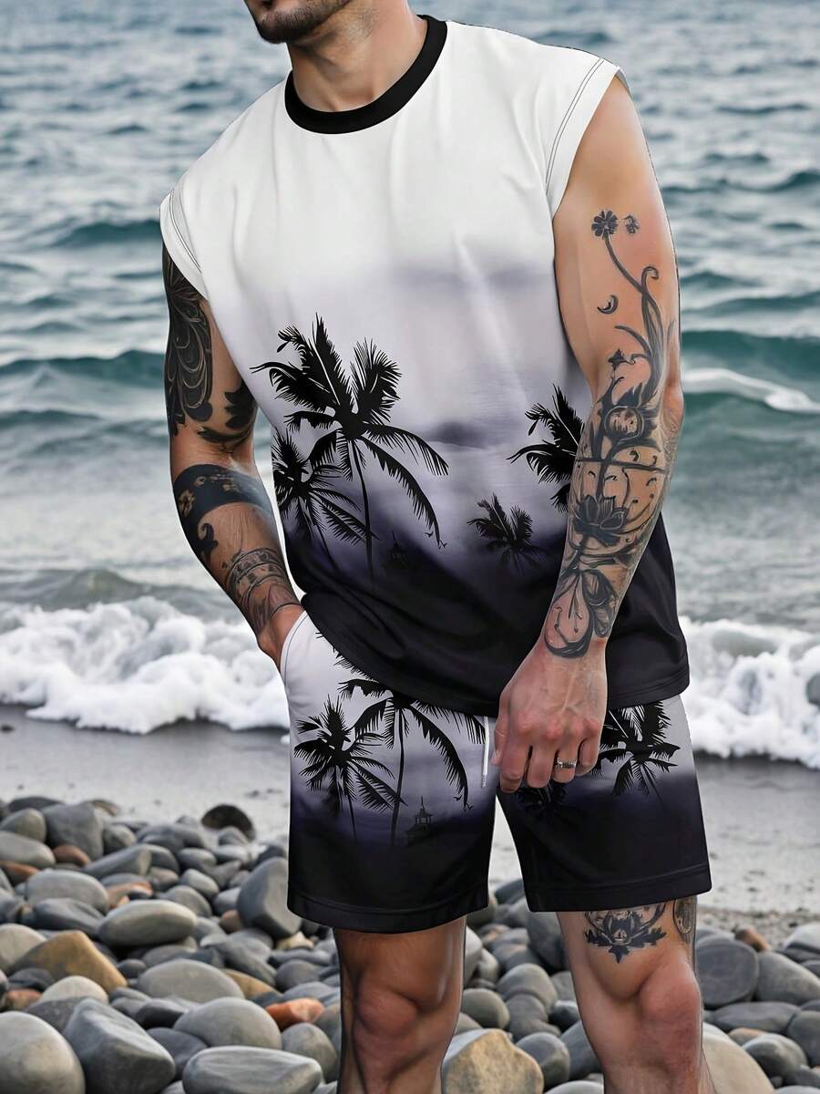 Men's Casual Palm Tree Print Sleeveless Top & Shorts Set, Holiday Wear - Multicolor - View 1