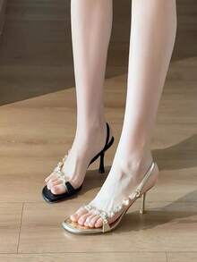 2025 Summer New Gold Square Toe Rhinestone Chain Buckle Strap High Heel Sandals, Elegant & Charming - Gold - View 5