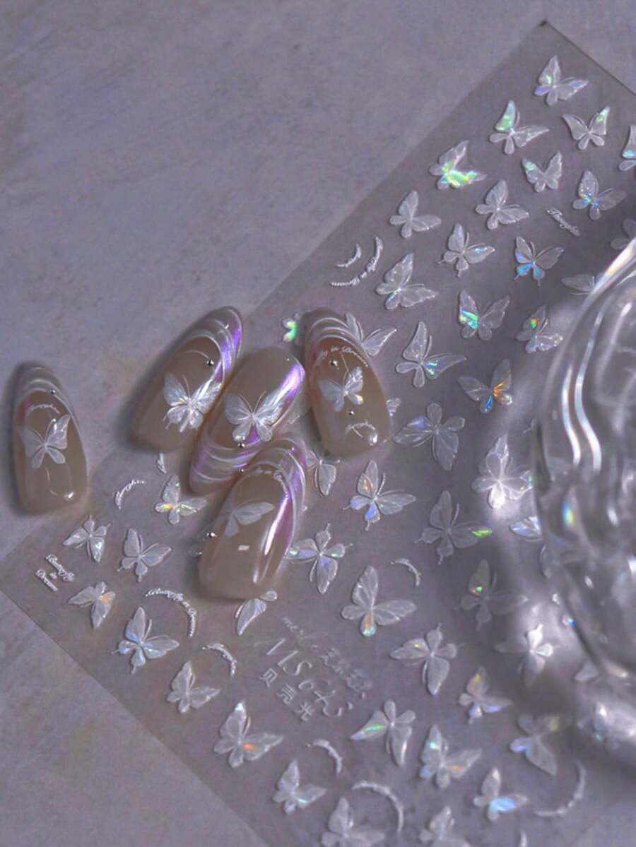 1 件蝴蝶美甲贴纸贴花贝壳灯/果冻/烫金蝴蝶 5D 浮雕指甲贴花贝壳灯蝴蝶指甲设计粘性贴纸美甲配件女士女孩 DIY 美甲装饰用品按压指甲