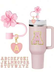 2 件套心形和字母秋海棠花吸管装饰、粉色杯字母标记和硅胶秋海棠花可重复使用吸管盖（适用于 1 厘米直径吸管），可爱字母装饰，适用于现代简约玻璃杯，返校用品 - 粉色 - 查看 9