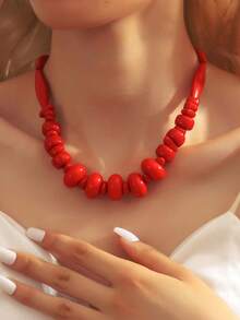 1 pieza Collar de cuentas de coral rojo de poliresina, de moda y creativo, versátil para resort, playa, uso diario, fiesta, joyería para mujer - Rojo - Ver 4