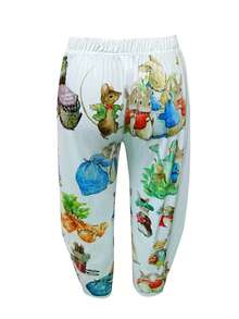 Women's Vintage Rabbit Print Wide Leg Pants - Casual, Stretchy Polyester Blend, Machine Washable, Thicker Fabric - 白色 - 查看 2