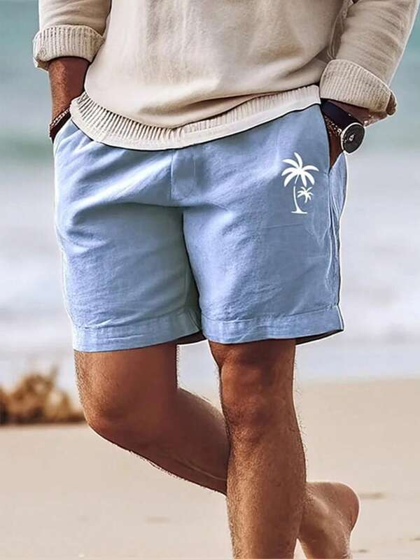 Men Summer Sports & Leisure Personalized Printing Shorts With Drawstring Waist,Simple And Stylish Hawaiian Beach Pants Shorts, For Husband, Boyfriend Gifts