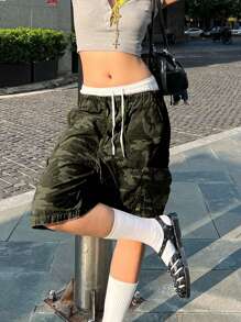 Women's Casual Camouflage Pattern Drawstring Waist Pocket Denim Shorts, Summer