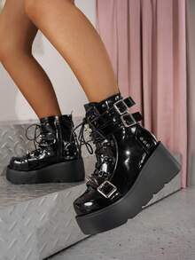 女士时尚厚底系带户外休闲踝靴 女士时尚新款铆钉系带切尔西休闲靴 女士时尚波西米亚风格 2025 返校季厚底增高休闲靴