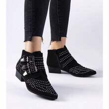 Women's Stylish Black Studded Ankle Boots With Buckle Details Rocker Chic Pointed Toe Booties - Black - View 2