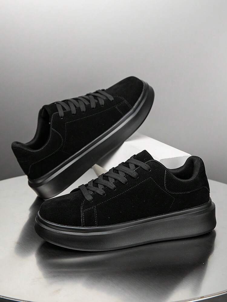 男士休闲卡其色PU拼接系带运动鞋，简约复古风格，适合日常通勤、户外活动、四季皆宜，穿着舒适，适合搭配牛仔裤等运动装束。 - 黑色 - 查看 1