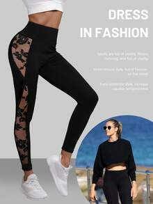 1 Stück Frühling/Sommer/Herbst/Winter neue Yoga 3/4 Leggings, Blumen Netz Patchwork mit geraffter Taille, atmungsaktive Casual Sportbekleidung Strumpfhose Schwarz - Schwarz - Übersicht 3